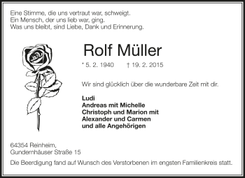 Traueranzeige von Rolf Müller von Darmstädter Echo