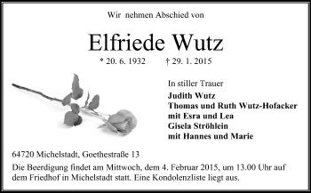 Traueranzeige von Elfriede Wutz von Odenwälder Echo