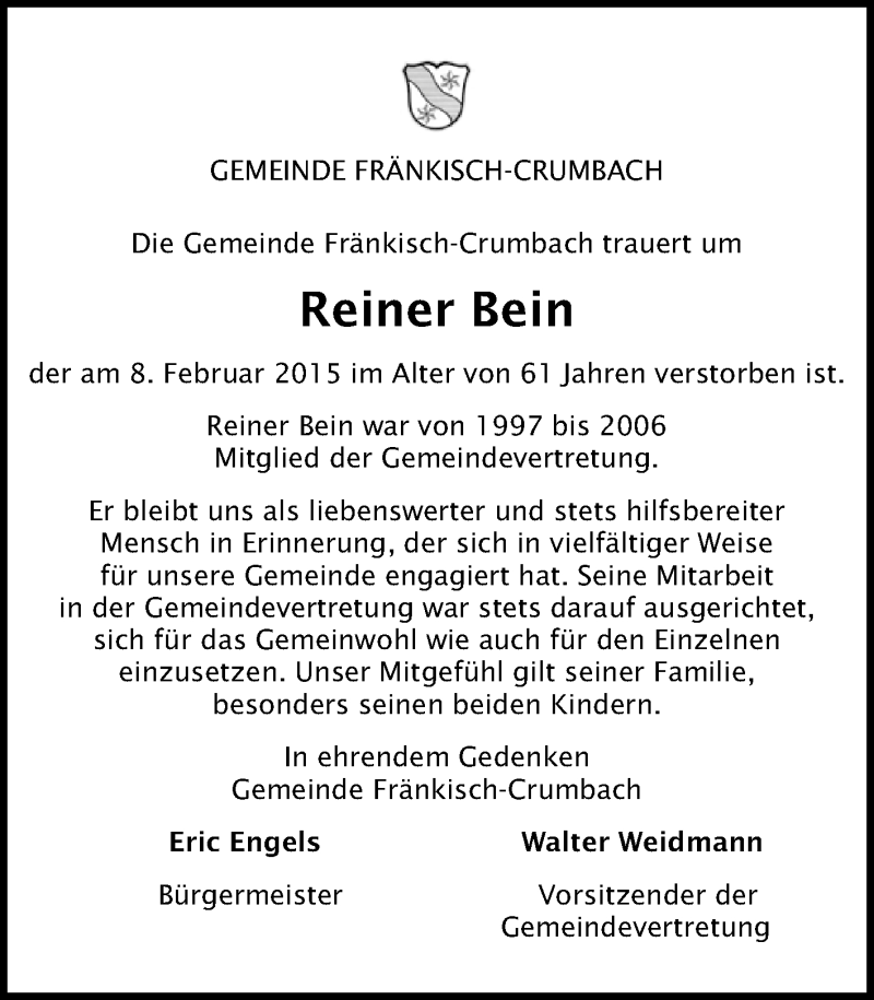  Traueranzeige für Reiner Bein vom 21.02.2015 aus Odenwälder Echo