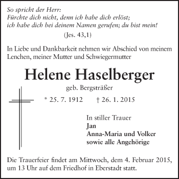 Traueranzeige von Helene Haselberger von Echo-Zeitungen (Gesamtausgabe)
