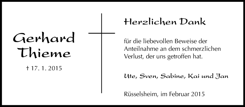  Traueranzeige für Gerhard Thieme vom 14.02.2015 aus Rüsselsheimer Echo, Groß-Gerauer-Echo, Ried Echo