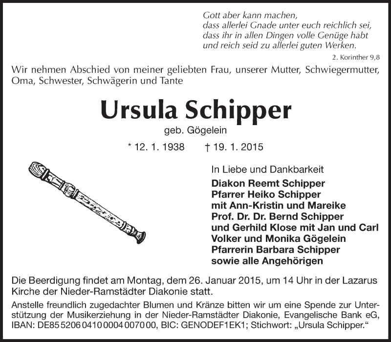  Traueranzeige für Ursula Schipper vom 24.01.2015 aus Echo-Zeitungen (Gesamtausgabe)