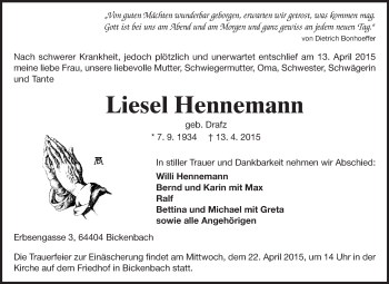 Traueranzeige von Liesel Hennemann von Echo-Zeitungen (Gesamtausgabe)