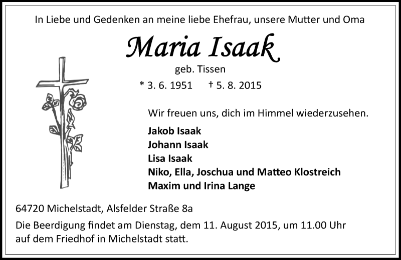  Traueranzeige für Maria Isaak vom 08.08.2015 aus trauer.echo-online.de