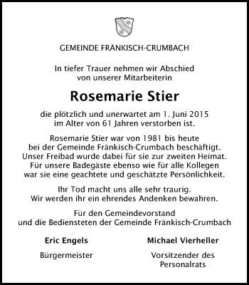 Traueranzeige von Rosemarie Stier von Odenwälder Echo
