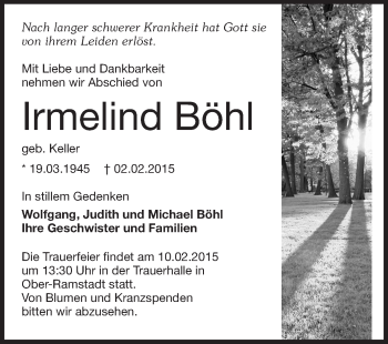 Traueranzeige von Irmelind Böhl von Echo-Zeitungen (Gesamtausgabe)
