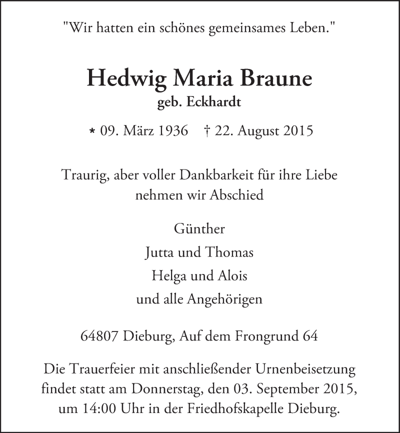  Traueranzeige für Hedwig Maria Braune vom 29.08.2015 aus trauer.echo-online.de