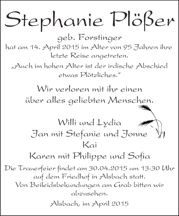 Traueranzeige von Stephanie Plößer von Echo-Zeitungen (Gesamtausgabe)