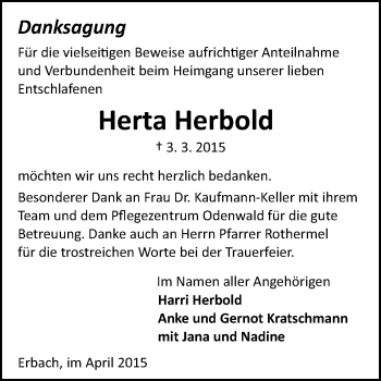 Traueranzeige von Herta Herbold von Odenwälder Echo