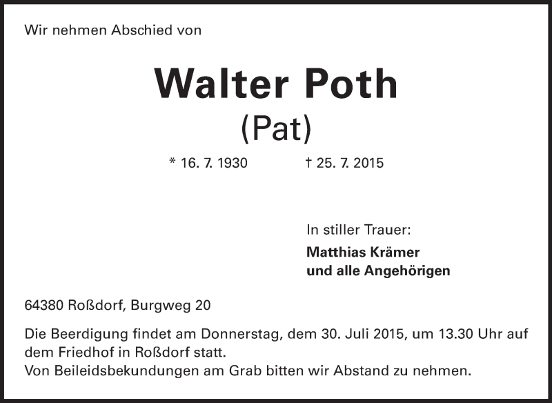  Traueranzeige für Walter Poth vom 28.07.2015 aus Echo-Zeitungen (Gesamtausgabe)