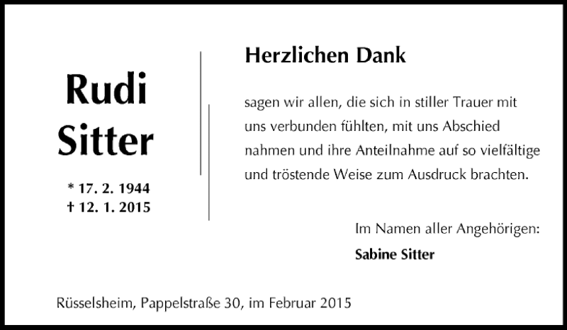  Traueranzeige für Rudi Sitter vom 07.02.2015 aus Rüsselsheimer Echo, Groß-Gerauer-Echo, Ried Echo