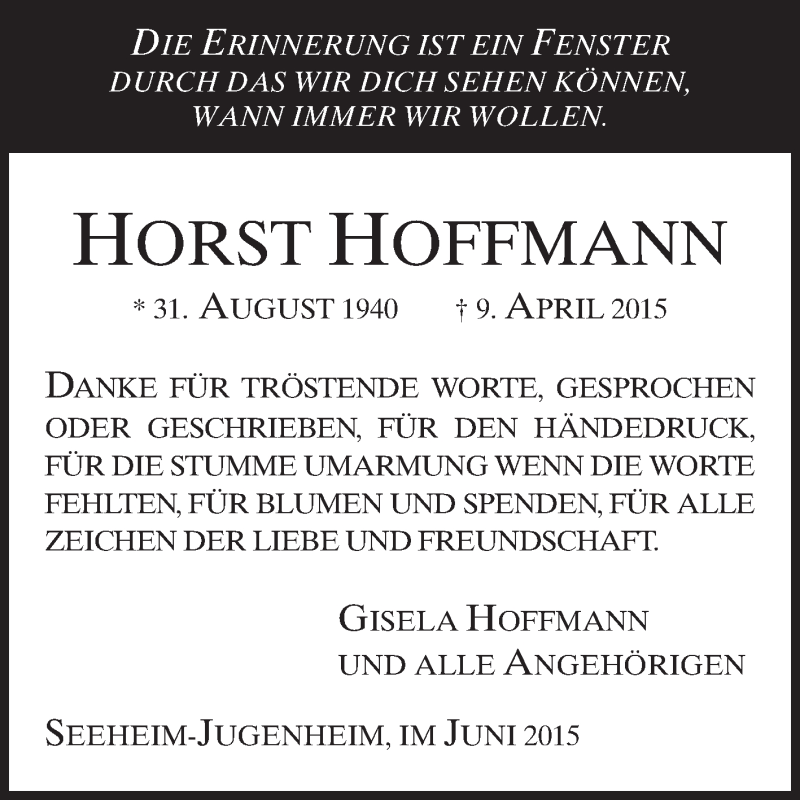  Traueranzeige für Horst Hoffmann vom 06.06.2015 aus Echo-Zeitungen (Gesamtausgabe)