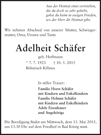 Traueranzeige von Adelheit Schäfer von Odenwälder Echo
