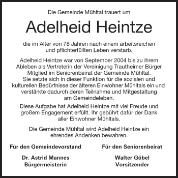 Traueranzeige von Adelheid Heintze von Echo-Zeitungen (Gesamtausgabe)