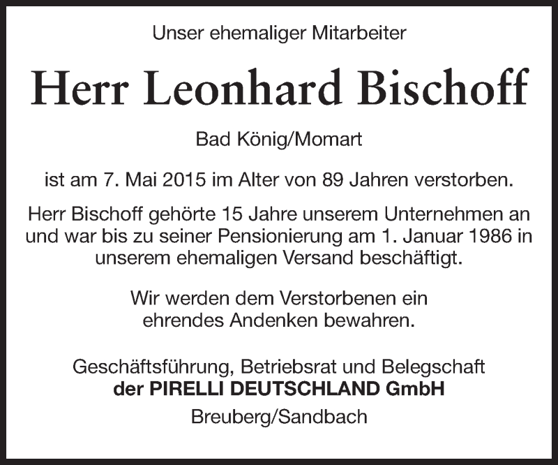  Traueranzeige für Leonhard Bischoff vom 23.05.2015 aus Odenwälder Echo