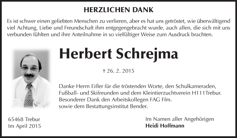  Traueranzeige für Herbert Schrejma vom 09.04.2015 aus Rüsselsheimer Echo, Groß-Gerauer-Echo, Ried Echo
