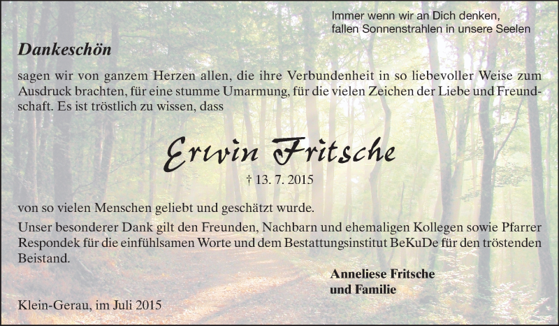  Traueranzeige für Erwin Fritsche vom 25.07.2015 aus Rüsselsheimer Echo, Groß-Gerauer-Echo, Ried Echo