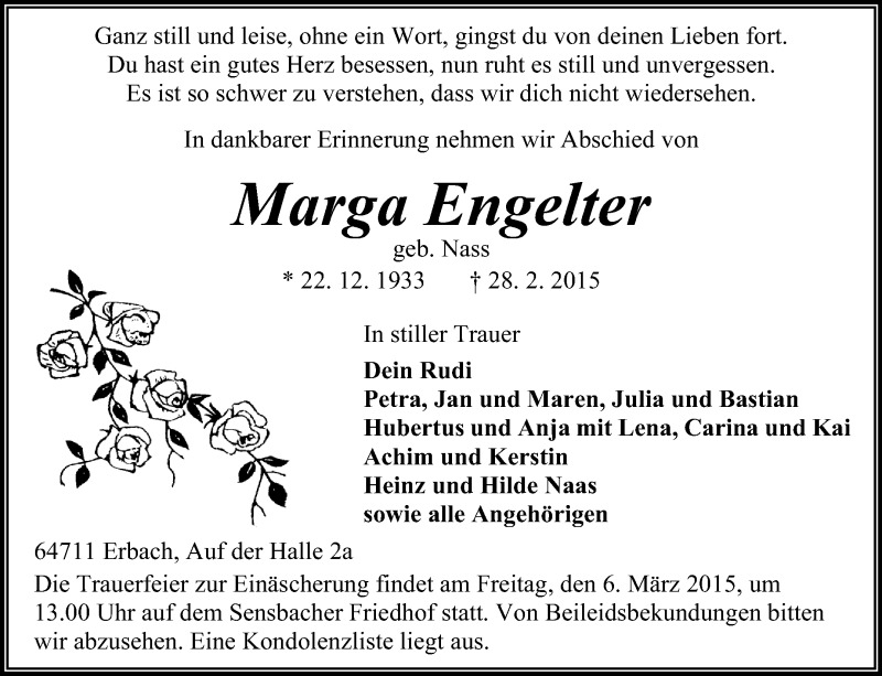  Traueranzeige für Marga Engelter vom 04.03.2015 aus Odenwälder Echo