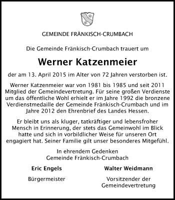 Traueranzeige von Werner Katzenmeier von Odenwälder Echo