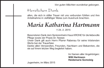 Traueranzeige von Maria Katharina Hartmann von Echo-Zeitungen (Gesamtausgabe)