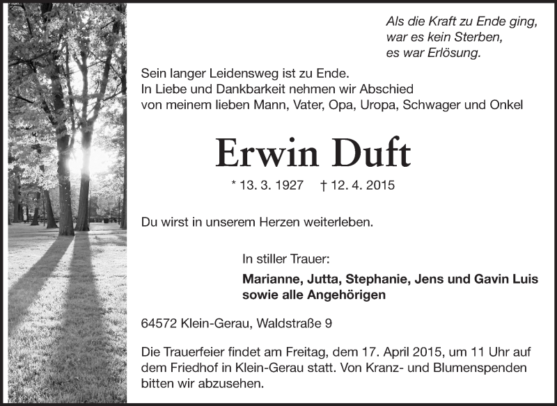  Traueranzeige für Erwin Duft vom 15.04.2015 aus Rüsselsheimer Echo, Groß-Gerauer-Echo, Ried Echo
