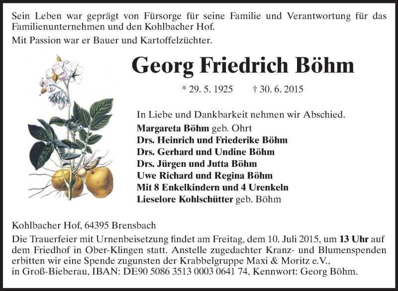  Traueranzeige für Georg Friedrich Böhm vom 07.07.2015 aus Echo-Zeitungen (Gesamtausgabe)