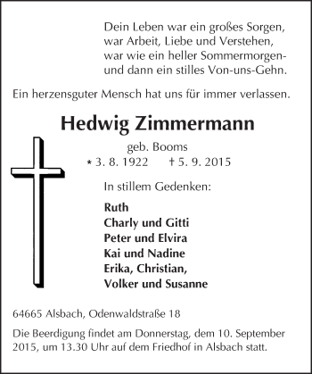 Traueranzeige von Hedwig Zimmermann von trauer.echo-online.de