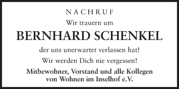 Traueranzeige von Bernhard Schenkel von Rüsselsheimer Echo, Groß-Gerauer-Echo, Ried Echo