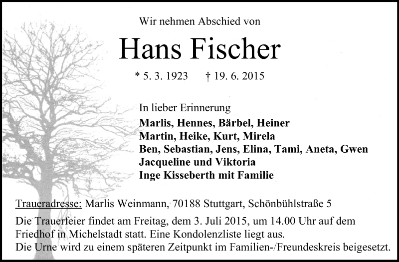  Traueranzeige für Hans Fischer vom 27.06.2015 aus Echo-Zeitungen (Gesamtausgabe)
