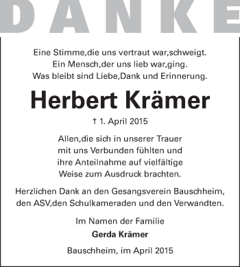 Traueranzeige von Herbert Krämer von Rüsselsheimer Echo, Groß-Gerauer-Echo, Ried Echo