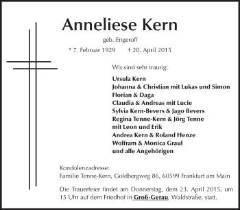 Traueranzeige von Anneliese Kern von Rüsselsheimer Echo, Groß-Gerauer-Echo, Ried Echo