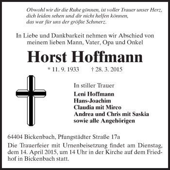 Traueranzeige von Horst Hoffmann von Echo-Zeitungen (Gesamtausgabe)