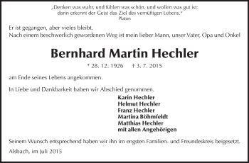Traueranzeige von Bernhard Martin Hechler von Echo-Zeitungen (Gesamtausgabe)