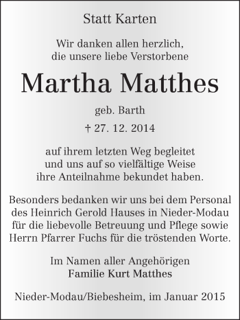 Traueranzeige von Martha Matthes von Echo-Zeitungen (Gesamtausgabe)