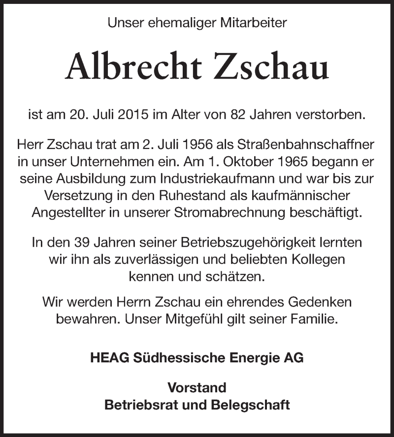  Traueranzeige für Albrecht Zschau vom 25.07.2015 aus Echo-Zeitungen (Gesamtausgabe)