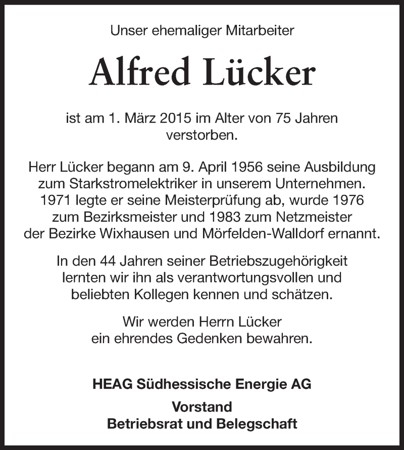  Traueranzeige für Alfred Lücker vom 07.03.2015 aus Echo-Zeitungen (Gesamtausgabe)
