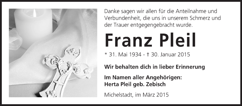  Traueranzeige für Franz Pleil vom 07.03.2015 aus Odenwälder Echo