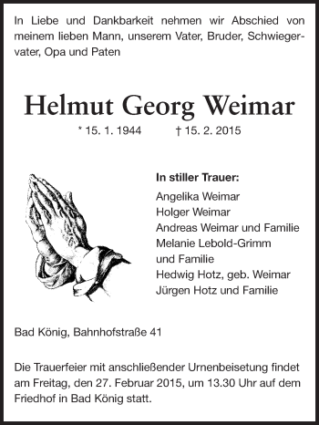 Traueranzeige von Helmut Georg Weimar von Odenwälder Echo