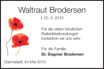 Traueranzeige von Waltraut Brodersen von Echo-Zeitungen (Gesamtausgabe)