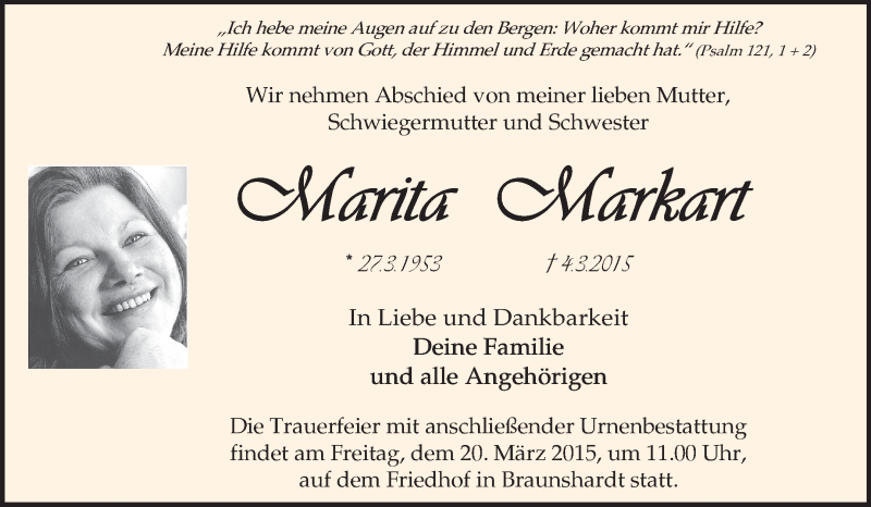  Traueranzeige für Marita Markart vom 16.03.2015 aus Echo-Zeitungen (Gesamtausgabe)