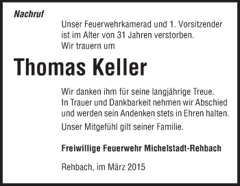 Traueranzeige von Thomas Keller von Odenwälder Echo