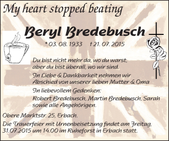 Traueranzeige von Beryl Bredebusch von Odenwälder Echo