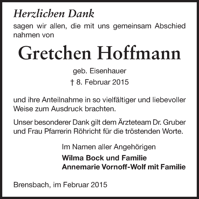  Traueranzeige für Gretchen Hoffmann vom 28.02.2015 aus Odenwälder Echo