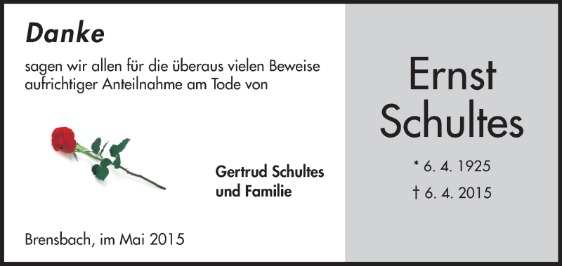  Traueranzeige für Ernst Schultes vom 09.05.2015 aus Echo-Zeitungen (Gesamtausgabe)