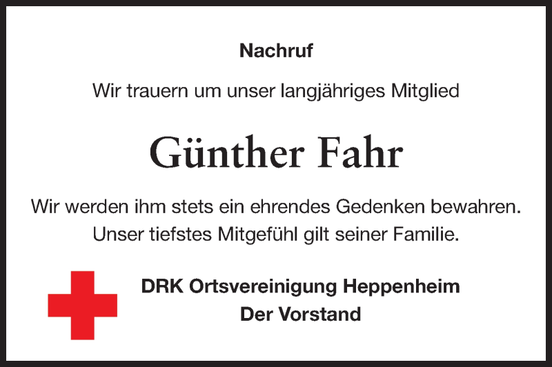  Traueranzeige für Günther Fahr vom 14.03.2015 aus Starkenburger Echo