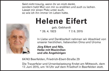 Traueranzeige von Helene Eifert von Odenwälder Echo