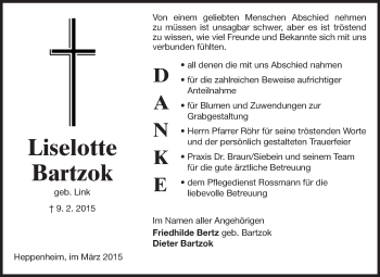 Traueranzeige von Liselotte Bartzok von Starkenburger Echo