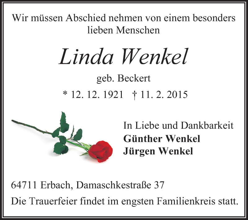  Traueranzeige für Linda Wenkel vom 14.02.2015 aus Odenwälder Echo