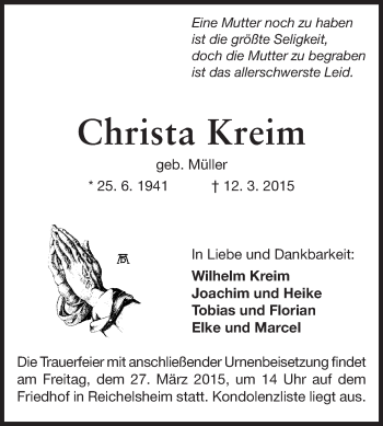Traueranzeige von Christa Kreim von Odenwälder Echo