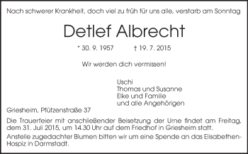 Traueranzeige von Detlef Albrecht von Darmstädter Echo, Odenwälder Echo, Rüsselsheimer Echo, Groß-Gerauer-Echo, Ried Echo